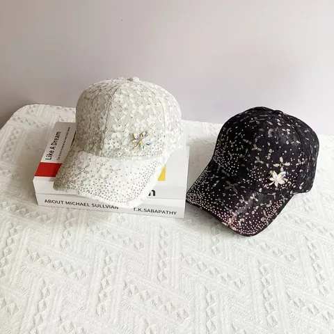Women Fashion Lace Rhinestone Baseball Cap Breathable Hollow Out Sun Hat With Crystal Leaf Flower Decoration Adjustable Summer Hat