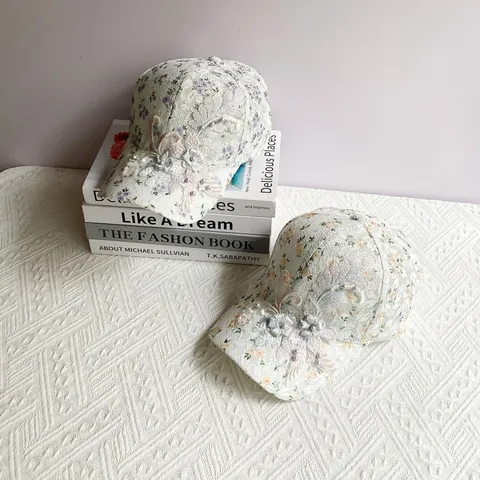 Women's Lace Floral Baseball Cap 3D Flower Artificial Pearl Sun Protection Breathable Adjustable Outdoor Summer Sun Hat