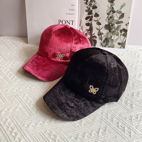 Women Velvet Baseball Cap With Rhinestone Butterfly Decor Gold Silk Texture Adjustable Casual Sun Hat Warm Autumn Winter