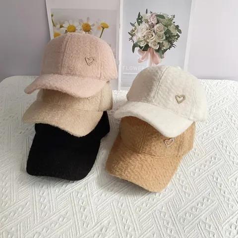 Gorra de Béisbol de Lana de Alpaca para Mujer Otoño Invierno Cálido Corazón Strass Moda Ajustable Gorra Casual para Exterior