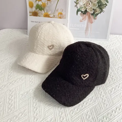 Gorra de Béisbol de Lana de Alpaca para Mujer Otoño Invierno Cálido Corazón Strass Moda Ajustable Gorra Casual para Exterior