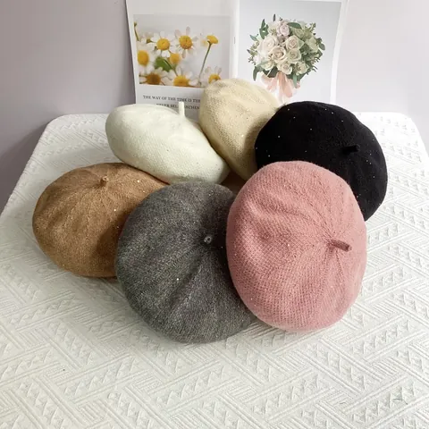 Boina De Punto De Chenilla Con Lentejuelas Para Mujer Gorro De Invierno Cálido Color Sólido Tocado De Moda Para Viajes