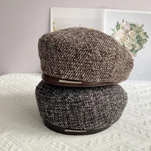 Basco da Donna Retrò in Lino di Cotone con Finiture in Pelle PU Texture in Tweed Cappello da Pittore Caldo Moda Autunno Inverno