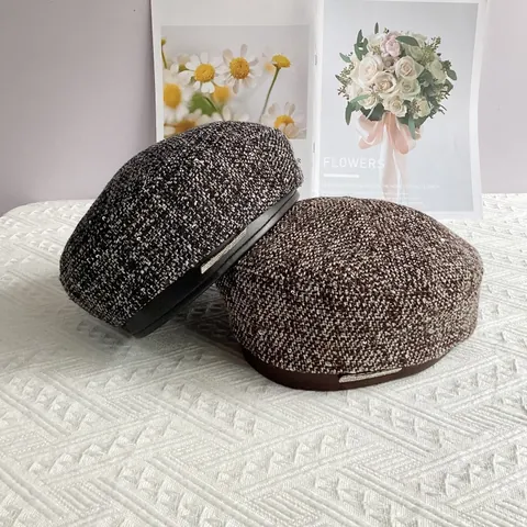 Basco da Donna Retrò in Lino di Cotone con Finiture in Pelle PU Texture in Tweed Cappello da Pittore Caldo Moda Autunno Inverno