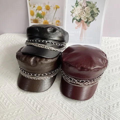 Cappello Newsboy da Donna in Pelle PU con Catena in Metallo Multistrato Retro Tinta Unita Baker Boy per Autunno Inverno