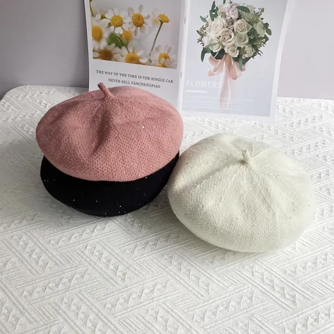 Boina De Punto De Chenilla Con Lentejuelas Para Mujer Gorro De Invierno Cálido Color Sólido Tocado De Moda Para Viajes