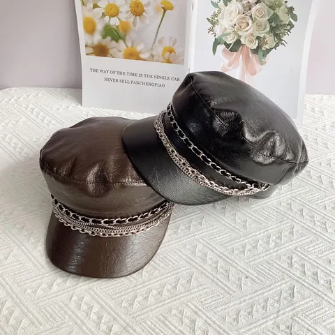Cappello Newsboy da Donna in Pelle PU con Catena in Metallo Multistrato Retro Tinta Unita Baker Boy per Autunno Inverno