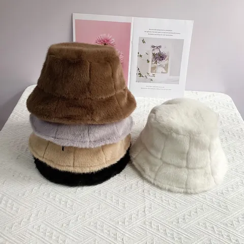 Sombrero de Pescador de Piel de Visón Sintética para Mujer Invierno Cálido Resistente al Viento Color Sólido Textura de Cuadros Gorro Suave
