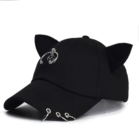 Berretto da Baseball Punk Unisex Con Corna da Diavolo in Misto Cotone Cappello Gotico Streetwear Regolabile Con Anelli in Metallo E Ciondoli