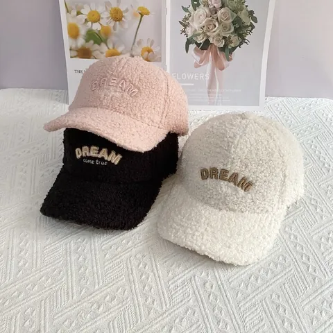 Winter Warm Lamb Wool Baseball Cap Letter DREAM Embroidery Adjustable Faux Fur Peaked Hat For Women Men Fashion Plush Cap