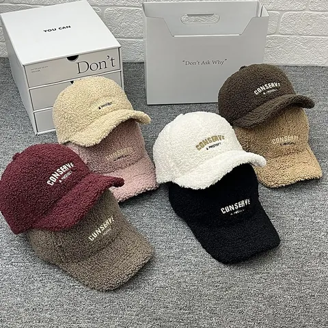 Women's Warm Lambswool Baseball Cap With Letter Embroidery Thickened Winter Adjustable Sunshade Hat Outdoor Casual Fashion Headwear