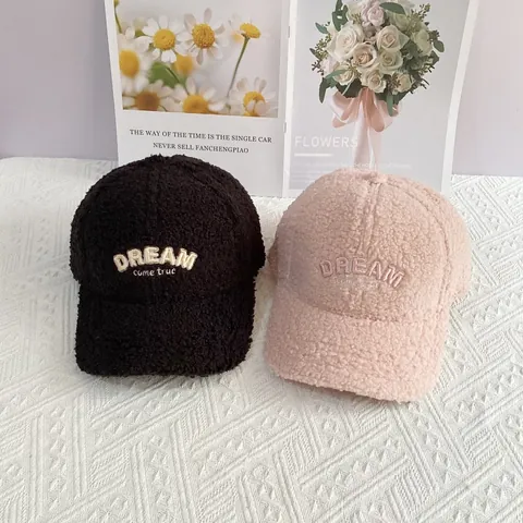 Winter Warm Lamb Wool Baseball Cap Letter DREAM Embroidery Adjustable Faux Fur Peaked Hat For Women Men Fashion Plush Cap