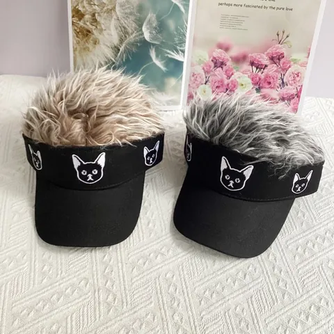 Funny Wig Visor Hat Synthetic Hair Novelty Fake Hair Baseball Cap Cat Embroidery Streetwear Hip Hop Party Sun Hat