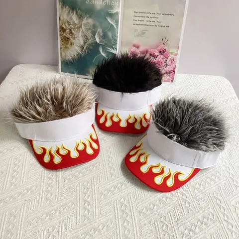 Flame Embroidery Wig Visor Hat Cotton Adjustable Funny Fake Hair Cap For Men Women Outdoor Golf Party Hip Hop Accessory