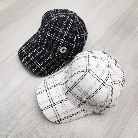 Women Tweed Plaid Baseball Cap Rhinestone Letter G Decoration Elegant Sunshade Hat Adjustable Casual Fashion Headwear