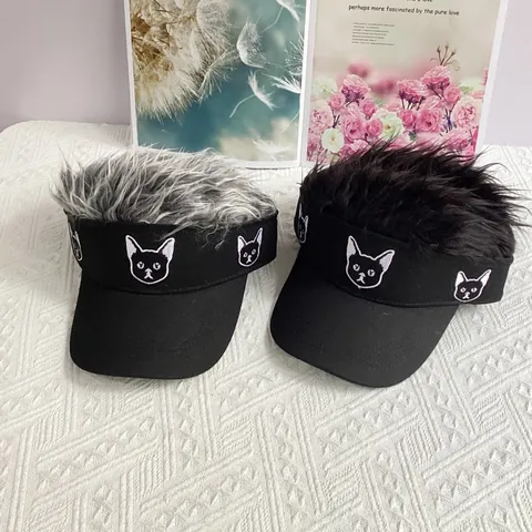 Funny Wig Visor Hat Synthetic Hair Novelty Fake Hair Baseball Cap Cat Embroidery Streetwear Hip Hop Party Sun Hat