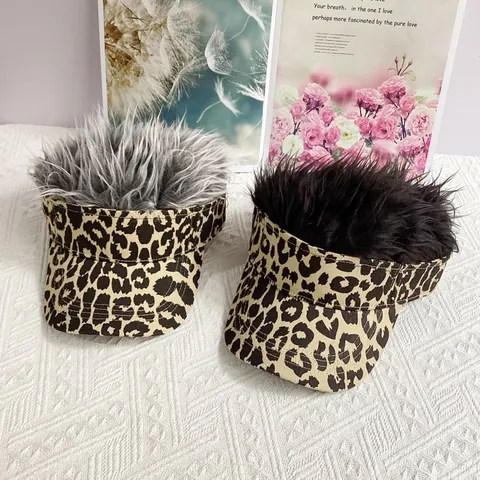 Leopard Print Wig Visor Hat Women Funny Spiky Hair Baseball Cap Adjustable Novelty Sun Visor For Party Outdoor Costume Hat