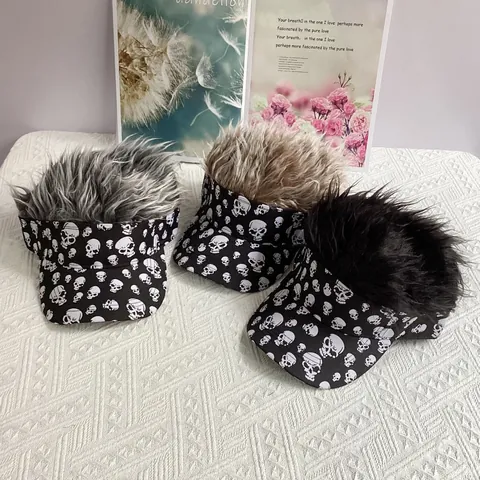 Visera Divertida Con Peluca Patrón Calavera Fiesta Halloween Sombrero de Sol Pelo Sintético Creativo Punk Hip Hop Ajustable