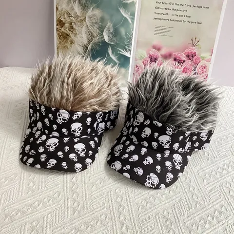 Visera Divertida Con Peluca Patrón Calavera Fiesta Halloween Sombrero de Sol Pelo Sintético Creativo Punk Hip Hop Ajustable