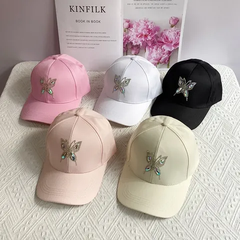 Damen Mode Baseballkappe Mit Strass Schmetterling Dekoration Verstellbar Polyester Lässiger Sonnenhut Für Sommer Frühling Outdoor