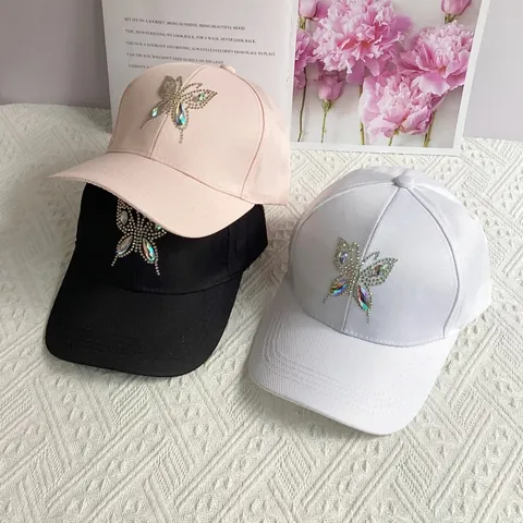 Damen Mode Baseballkappe Mit Strass Schmetterling Dekoration Verstellbar Polyester Lässiger Sonnenhut Für Sommer Frühling Outdoor