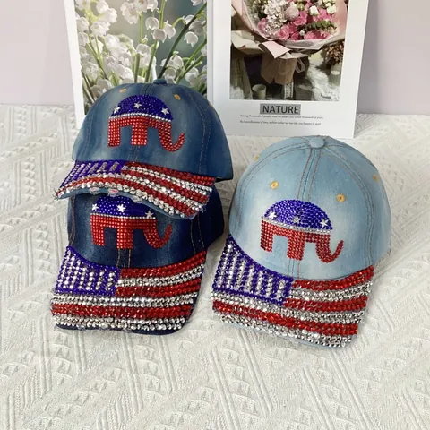 Berretto da Baseball in Denim Donna Strass Bandiera USA Elefante Repubblicano Cotone Lavato Cappello Regolabile