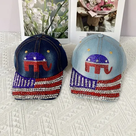 Berretto da Baseball in Denim Donna Strass Bandiera USA Elefante Repubblicano Cotone Lavato Cappello Regolabile