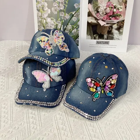 Women Handmade Rhinestone Denim Baseball Cap Butterfly Crown Leaf Bling Adjustable Cotton Hat Casual Fashion Sunshade
