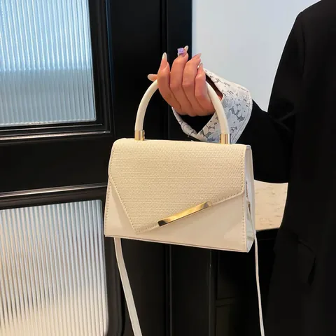 Women Fashion Small Square Handbag PU Leather Woven Patchwork Asymmetrical Flap Metallic Bar Crossbody Bag Top Handle Purse