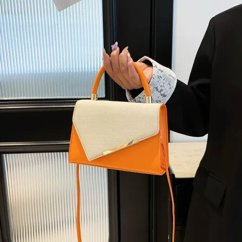 Women Fashion Small Square Handbag PU Leather Woven Patchwork Asymmetrical Flap Metallic Bar Crossbody Bag Top Handle Purse