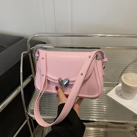Petit Sac Carré Sous le Bras en Cuir PU pour Femmes Avec Boucle en Cœur Métallique Sac à Épaule Bandoulière Tendance