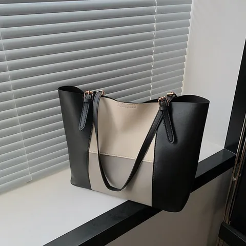 Women Large Capacity Colorblock Tote Bag Minimalist PU Leather Commuter Shoulder Bag With Adjustable Strap Vintage Office Handbag