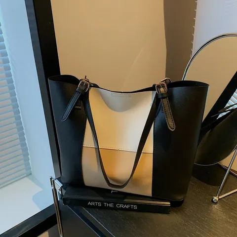 Women Large Capacity Colorblock Tote Bag Minimalist PU Leather Commuter Shoulder Bag With Adjustable Strap Vintage Office Handbag