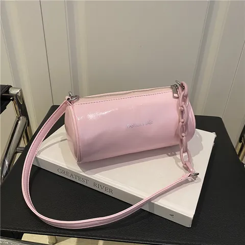 Damen Mode PU Leder Zylindertasche Einfache Umhängetasche Mit Kette Schultergurt Buchstaben Druck Lässige Tägliche Barrel Bag