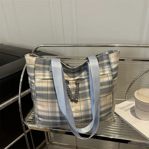 Bolso Tote de Lona a Cuadros para Mujer Gran Capacidad Bolso de Hombro con Cremallera y Decoración de Nudo Tejido
