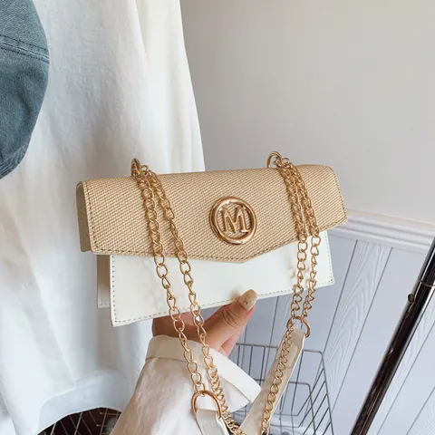 Women Retro PU Leather Crossbody Bag Woven Texture Handheld Box Bag With Gold Metal M Logo Chain Shoulder Bag Fashion Tote