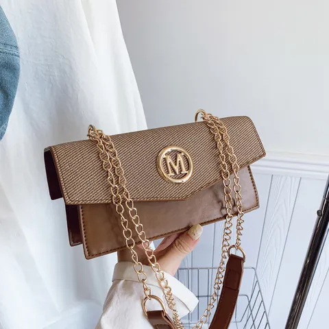 Women Retro PU Leather Crossbody Bag Woven Texture Handheld Box Bag With Gold Metal M Logo Chain Shoulder Bag Fashion Tote