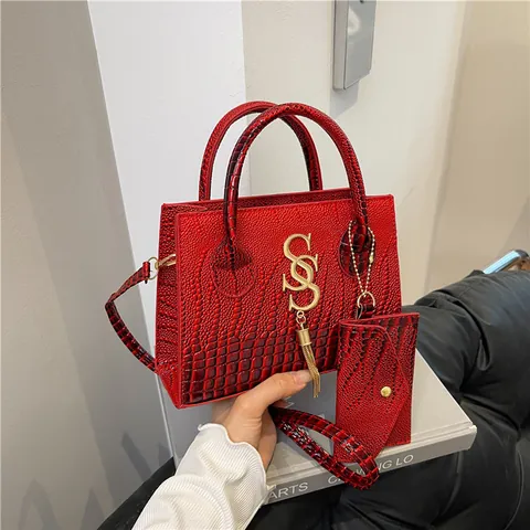 Women Retro Crocodile Pattern Handbag Set PU Leather Tassel Crossbody Square Bag With Mini Pouch For Daily Commuting