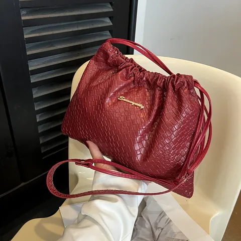 Damen Gewebte Eimertasche Schultertasche Umhängetasche PU-Leder Kordelzug Große Kapazität Mode Plissee Handtasche