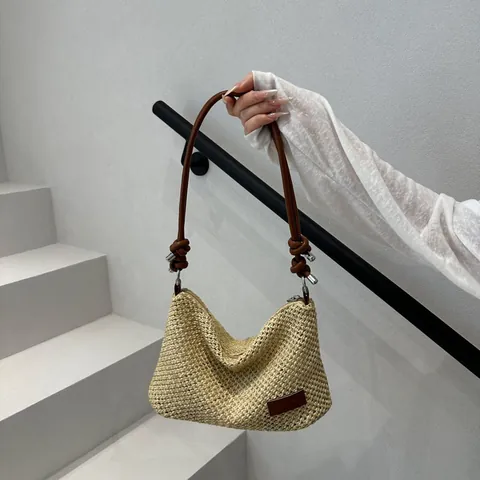 Damen Casual Stroh Gewebte Umhängetasche Sommer Boho Strand Handtasche Mit Kunstlederriemen Reißverschluss Täglich Urlaub Tasche