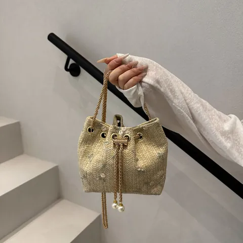 Women's Flower Embroidery Woven Bucket Bag Floral Drawstring Handbag With Artificial Pearl Decoration Metal Chain Strap Shoulder Bag
