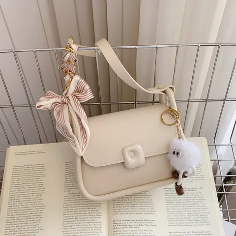 Women's Korean Style Small Square Bag Elegant PU Leather Underarm Shoulder Bag With Scarf And Plush Monster Charm