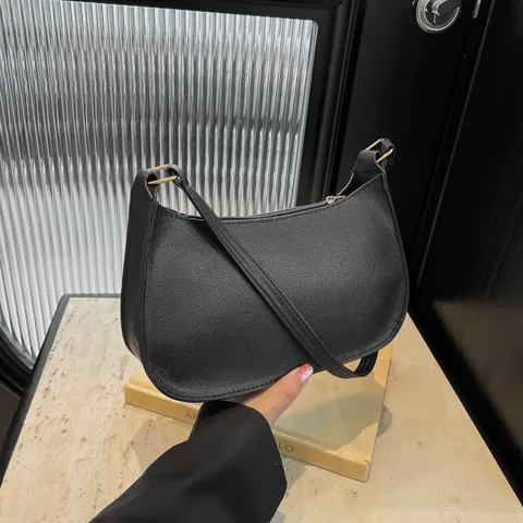 Retro PU Leather Half Moon Underarm Bag For Women Solid Color Shoulder Bag With Gold Hardware Zip Closure Small Hobo Handbag