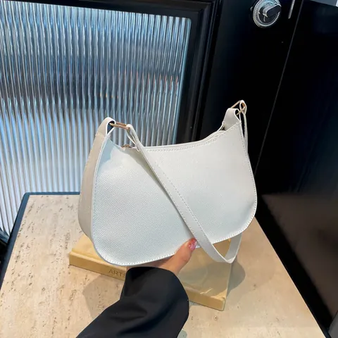 Retro PU Leather Half Moon Underarm Bag For Women Solid Color Shoulder Bag With Gold Hardware Zip Closure Small Hobo Handbag