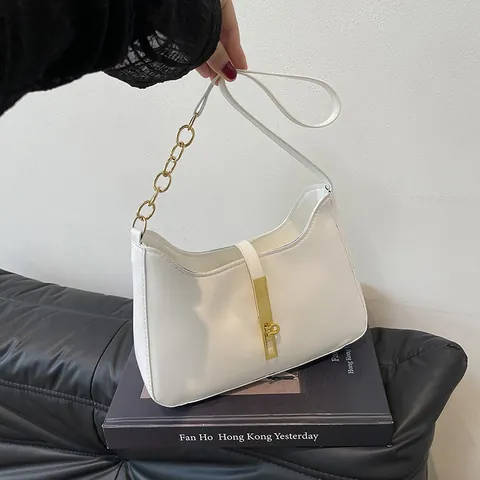 Mode Vrouwen PU Leer Onderarm Tas Metalen Ketting Effen Kleur Halve Maan Hobo Schoudertas Met Goud Slot Kleine Vierkante Tas