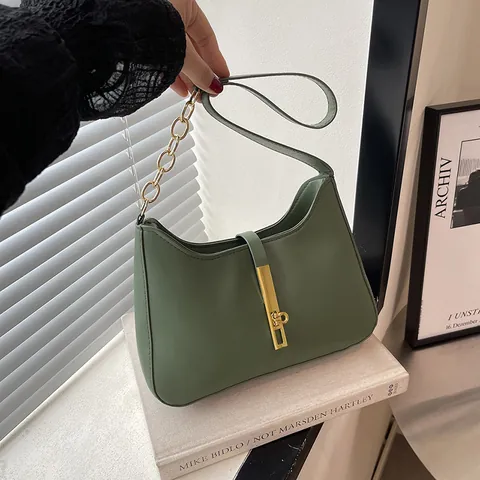 Mode Vrouwen PU Leer Onderarm Tas Metalen Ketting Effen Kleur Halve Maan Hobo Schoudertas Met Goud Slot Kleine Vierkante Tas