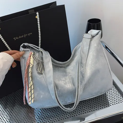 Dames Minimalistische PU Leren Hobo Tas Grote Capaciteit Oksel Tote Tas Met Stijlvolle Hanger Retro Effen Kleur Schoudertas