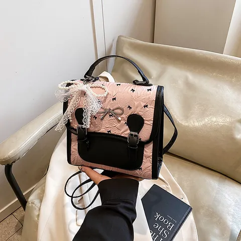 Vintage Schleife Herz Druck Kontrast PU Leder Rucksack Handtasche Für Damen Reise Schule Süßes Mädchen Mini Rucksack Rosa