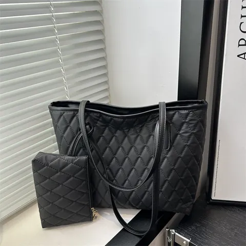 Set de Bolso Tote de Gran Capacidad para Mujer Acolchado Rombos Con Estuche Bolso de Hombro de Nailon Ligero Informal Viaje