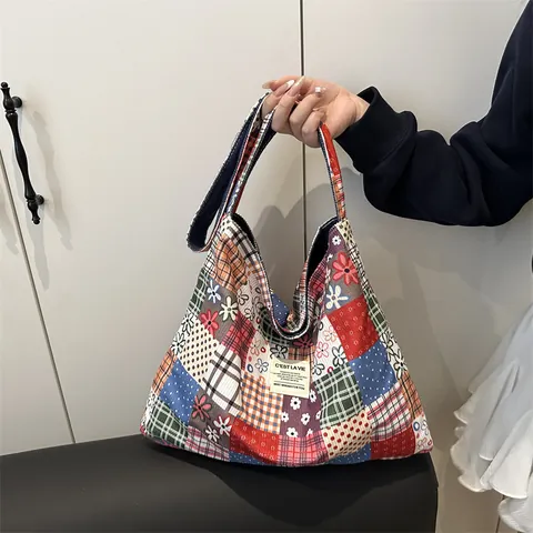 Dames Vintage Patchwork Canvas Tote Tas Grote Capaciteit Meerkleurig Bloemen Ruit Schoudertas Voor Winkelen Casual Dagelijks